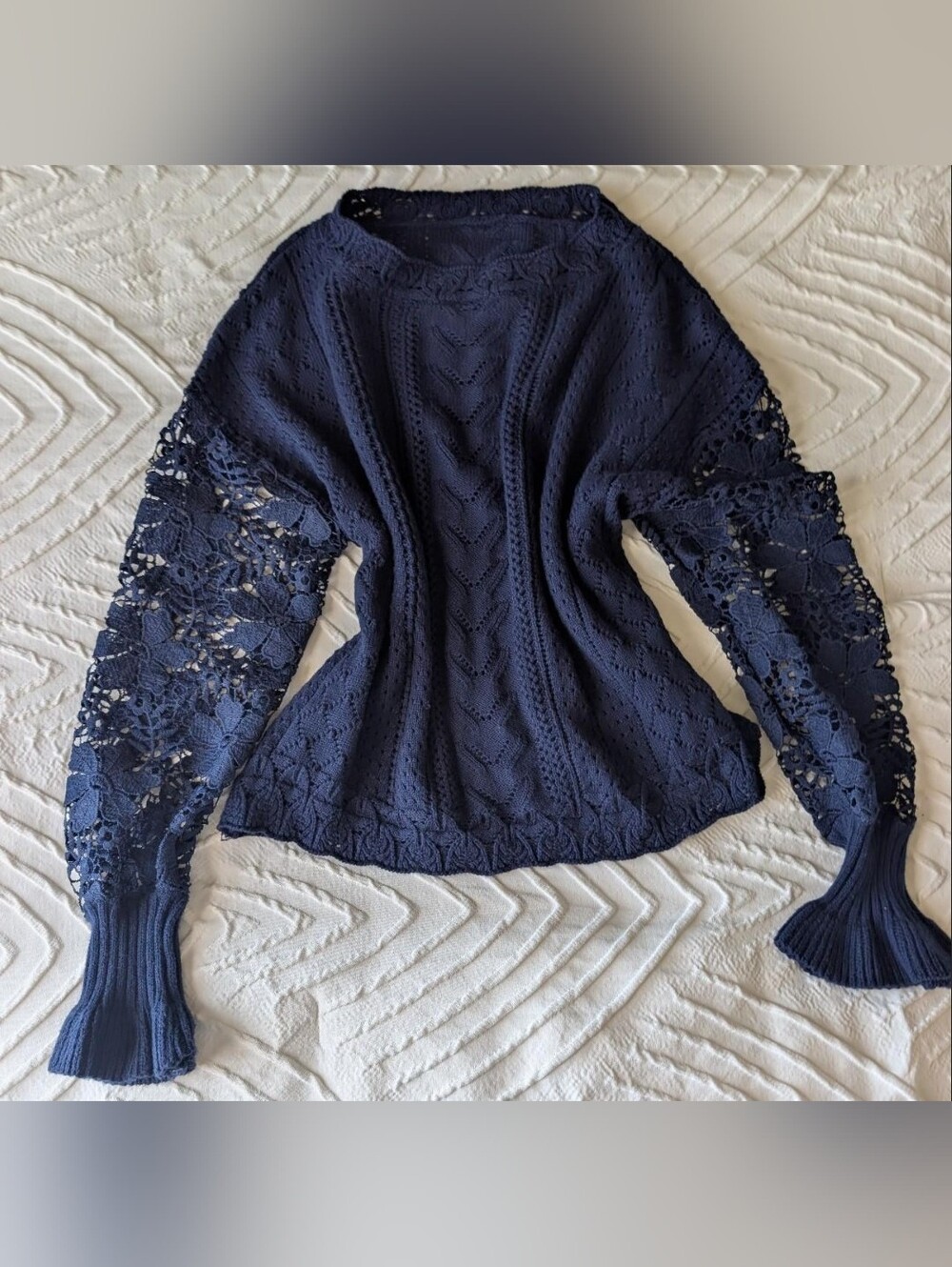 Navy Crochet-Sleeve Women's Sweater